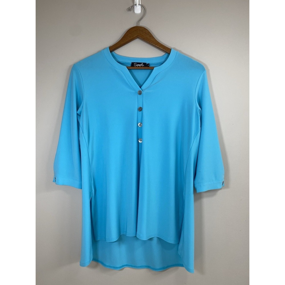Sympli Womens Turquoise Blue 3/4 Sleeve V-Neck Button Tunic Top Size 6 Canada